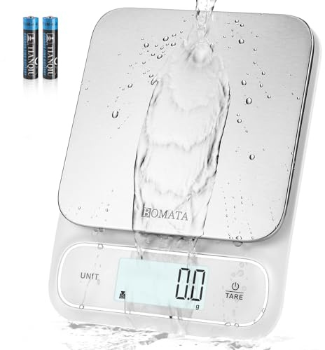 BOMATA Waterproof IPX6 Kitchen Scale, 0.1 g/0.01 oz High Precision, 5 kg/11 lbs, Digital Scale with Backlight, Stainless Steel Weighing Platform, for Food, Cooking, Baking, Weight Loss.. B619, White