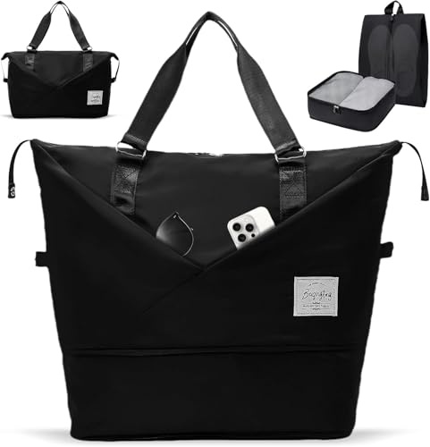 Reisetasche Damen Sporttasche Klein Handgepäck Tasche Weekender Schwimmtasche Fitnesstasche Gymtasche Saunatasche Damen Yogatasche Wasserdicht Trainingstasche Frauen Gym Bag Travel Bag (Schwarz)