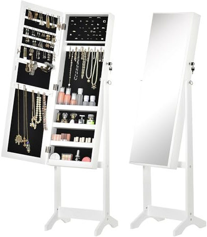 HOMCOM Specchio Portagioie, Armadietto Portagioie con Angolo Regolabile, Organizer per Anelli, Collane, Orecchini, Chiusura con Chiave, per Camera da Letto, Soggiorno, 46x36.5x151.5cm, Bianco