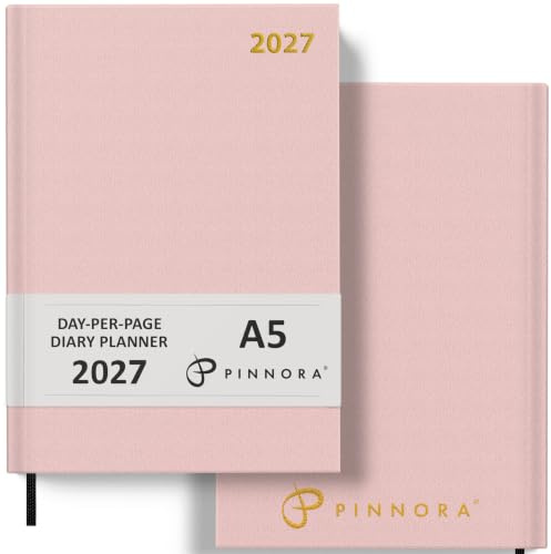 Pinnora Diary 2027 A5 Day Per Page, Pale Pink Year Planner Organiser 2027 Day Per Page, 2027 Planner, Home, School & Office, Hard Back 2027 Diaries, A5 & A4 2027 Diary in Day Per Page & Week To View