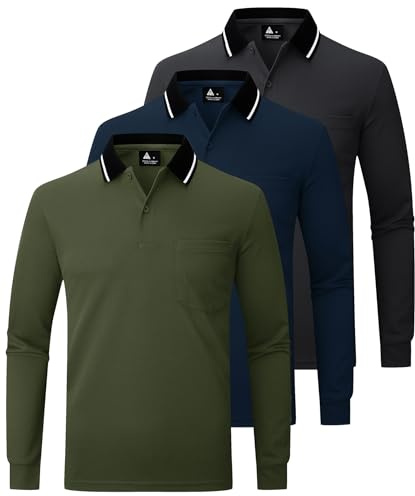 JACKETOWN Lot de 3 Polo pour Homme à Manches Longues Polo de Golf Travail avec Boutons Polos Chemise Respirants Décontractés T Shirts à Poche,Gris Foncé Bleu Marine Vert Militaire,XXL