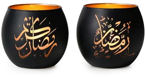 Ramadan Decorations for Home - 2 Pcs Arabic Calligraphy Glass Candle Holders - Ramadan Kareem & Eid Mubarak Tealight Holder Set - Luxury Islamic Gifts & Table Centrepiece for Prayer Room