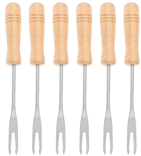PAMINGONO 6 pezzi Forchette Fonduta Inossidabile con Manico Legno Forchettine Piccole per Frutta Gelato e Cioccolato Design Ergonomico per Mescolare e Assaporare per Cucina e Barbecue