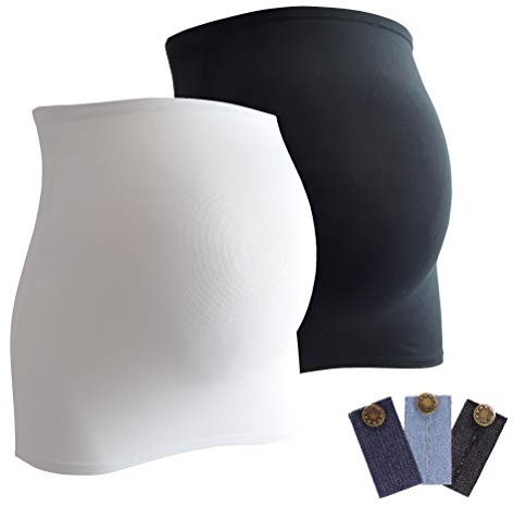 mama band Schwangerschaft Bauchband für die Babykugel im Doppelpack + 3erPack Jeanserweiterung – Rückenwärmer und Shirtverlängerung für Schwangere – Elastische Umstandsmode Schwarz/Weiß 32-38