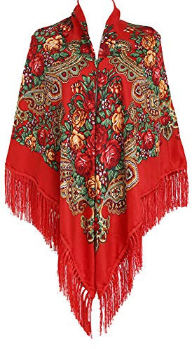 Gudessly, Bufanda tradicional retro de gran tamaño con flecos para mujer, chal de 157 x 157 cm, Estampado floral, Rojo -, 63 * 63inch