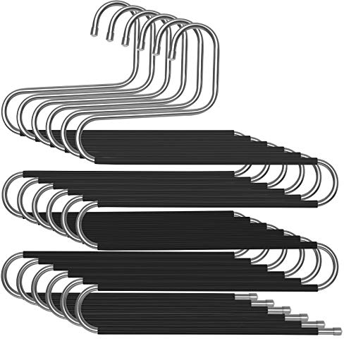 SONGMICS CRI043B01 - Set di 6 grucce per pantaloni, grucce in acciaio inox a 5 livelli, organizer salvaspazio per jeans, pantaloni, asciugamani, cravatte, argento e nero
