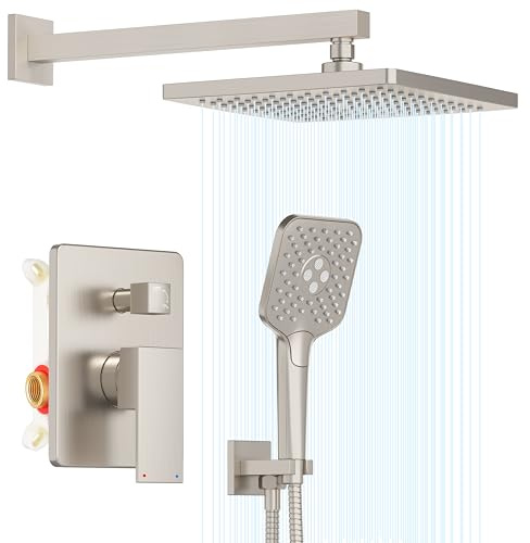 Gabrylly Shower System, Wall Mounted Shower Faucets Sets Complete for Bathroom with High Pressure 10 Rain Shower head and 3-Setting Handheld Shower Head Set, 2 Way Shower Valve Kit, Brushed Nickel