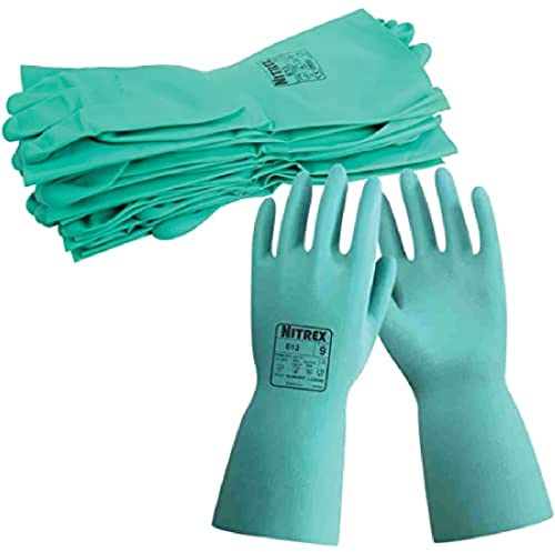 Nitrex 613 Chemical Resistant Safety Gloves, Bag of 10 Pairs, Size 9 - Flock Lined Nitrile Chemical Resistant Gauntlet Gloves