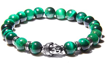 8 mm kungligt blå tigeröga armband män silverfärg Buddha huvud berlock armband kvinnor amulett Vinatge gul sten pärlor pulsera, grön 2,21 cm