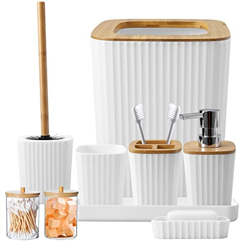 XLHOMO Bathroom Accessory Set, 9-Piece White Bathroom Set with Trash Can, Tray, Soap Dispenser, Toothbrush Holder, Toothbrush Cup, Soap Dish, Toilet Brush and Q-tip Holders for Bathroom/Housewarming