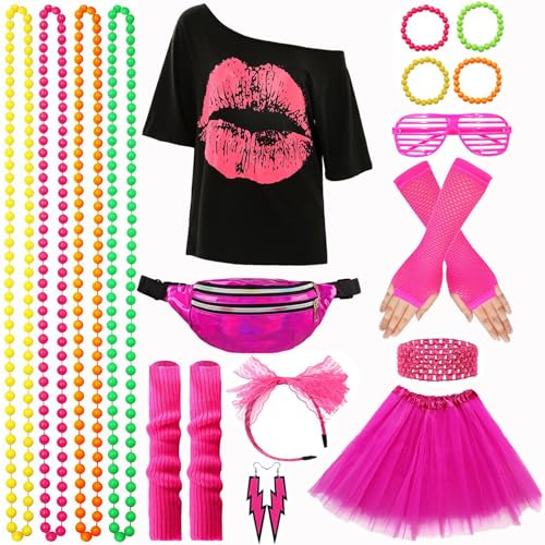 XCMVCN 80-tals 90-tals outfit dam, med t-shirt, tutu kjol, magväska, diadem, glasögon, armband, halsband, örhängen, näthandskar, benvärmare, 80-tals kostym dam neontillbehör tema fest karneval