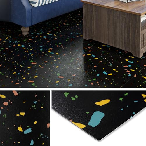 Livelynine Vinilo Adhesivo Suelo Baño Impermeable Negro Terrazo Suelo Vinilo Autoadhesivo Cocina Baldosas Adhesivas Suelo PVC 30x30CM 32-Baldosas Losetas Vinilo para Suelo Oscuro Dormitorio Granito