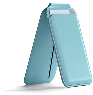 Satechi Portafoglio MagSafe, Portacarte Magnetico e Supporto per iPhone, MagSafe Wallet per Smartphone con 4 Slot per Carte, NFC, per iPhone 17 16 15 a 12 – Materiale Premium (PU) Blu Nebbia