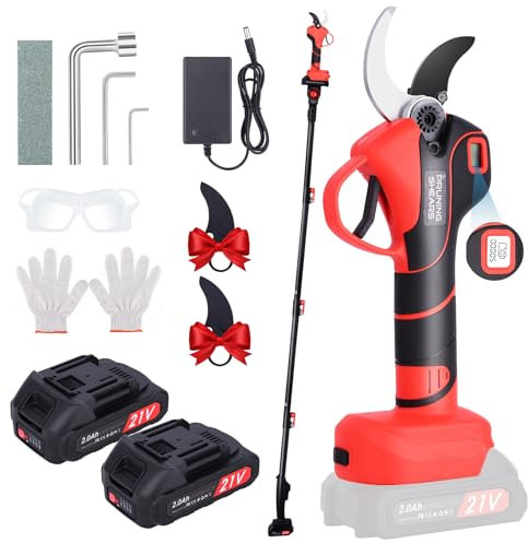 Tijeras de Podar Eléctricas 50mm con Batería: Tijeras de Podar Telescópicas con 2M Pértiga de Extensión, Podadora Telescópica con 2x2000mAh Batería con Pantalla LCD para Jardineria, Huerto, Olivos
