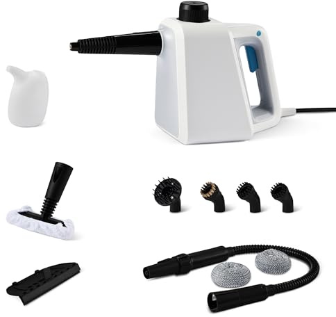 Amazon Basics Steam Cleaner Handheld with 6 Accessories, 250ml Tank, 1000W, 3-Minute Heat-Up, for Bathroom, Kitchen, Car, White
