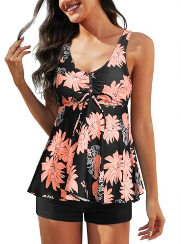 Nadeer Tankinis Mujer Sexy Traje de Baño 4 Piezas Cuello en V Push up Conjunto de Bikini Dos Piezas Set Estampado Floral con Pantalones Cortos
