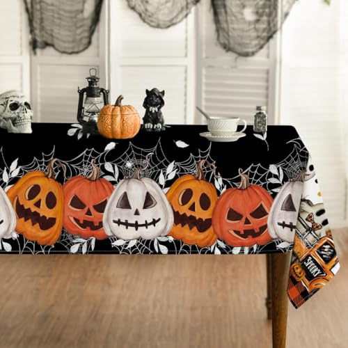 Artoid Mode Tovaglia di ragnatela nera con foglie di zucca, per Halloween, 140 x 160 cm, motivo ragni, antimacchia, biancheria da tavola, decorazione per feste