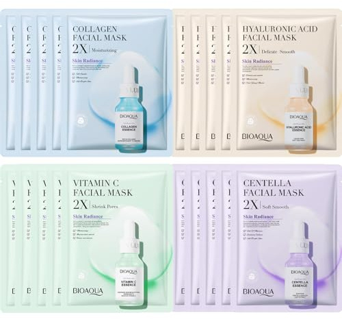 Jorun 20 Pcs Essence Hydrating Sheet Face Mask Set,Korean Sheet Masks | Moisturizing,Anti-Aging, Brightening Face Masks Beauty Multipack,Vegan Face Mask Skincare for All Skin Types