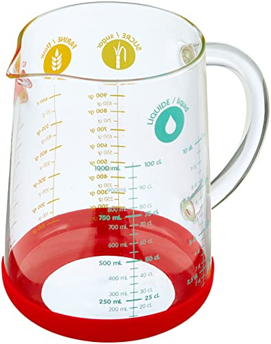 Pebbly - Verre Mesureur en Verre - 1L - Avec Base Silicone Antidérapante et Bec Verseur - 4 Mesures de Liquides (ml, cl, dl, L) Facilite les Conversions - Matériaux Naturels