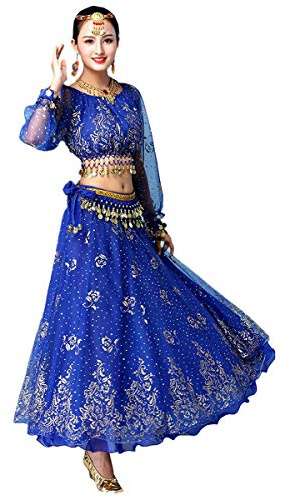 Grouptap Bollywood Indio para Mujer de Manga Larga Anarkali Lehenga Choli Saree Vestido Azul árabe Princesa Danza del Vientre Falda Trajes Traje (Azul, 150-170 cm, 45-70 kg)