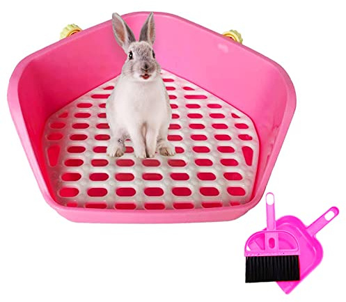 kathson Rabbit Litter Box Pet Toilet Cage Box Potty Trainer Corner with Small Animal Cage Cleaner Broom Brush Dustpan for Bunny Chinchilla Guinea Pig Ferret (Pink)