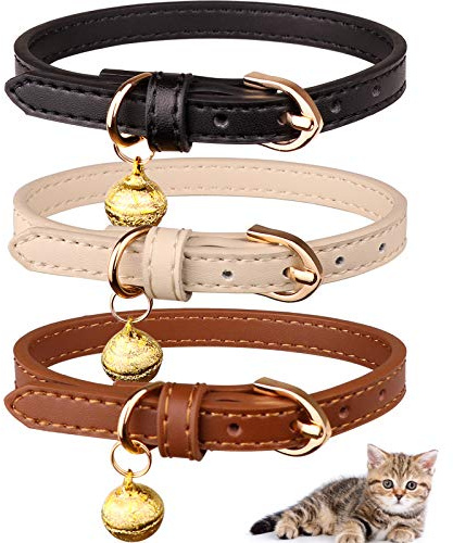 3 Pack Leather Cat Collars with Bells Soft Pet Safety Collar Kitten Collars with Bell Black Chocolate Beige(S)