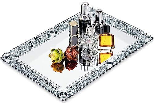 LFGKeng Crystal Glass Tray, Modern Mirror Jewelry Dresser Trinket Trays with Crushed Diamond, 11.8 x 7.9Rectangular Makeup Perfume Tray for Bathroom Bedroom, Home Decor, Hotel Banquet, Party(Silver)