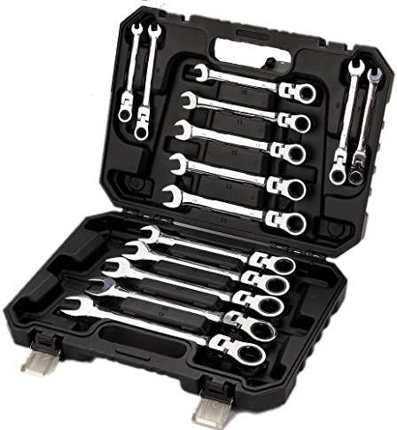 FLZOSPER 14-Piece Flexible Head Ratcheting Wrench Set,Metric Combination Spanner Kit, 6-19mm Chrome Vanadium Steel Ratchet Wrench Set with Portable Suspended Toolbox