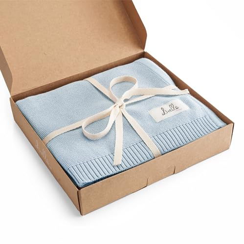 Livella Babyfilt av 100 % ekologisk bomull, premium stickad filt sammet mjuk och ventilerande, perfekt för känslig babyhud, Oeko-TEX Standard 100 och GOTS certifierad (ljusblå)