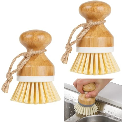 2 Stück Bambus Handflächenbürste,Wooden Dish Brush