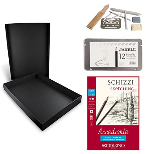 Honsell 14-99889 - Zeichenset Disegno - Künstler Set, Schwarze Aufbewahrungsbox mit 12 Bleistiften, Zeichenzubehör-Set und einem Skizzenbuch in DIN A4
