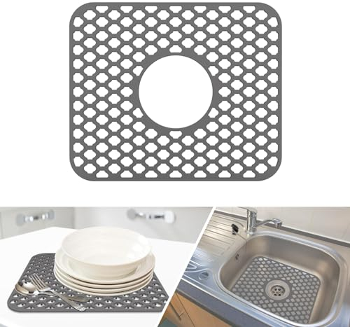 Silikon SpüLbeckeneinlage, Zusammenklappbar rutschfeste SpüLbeckenmatte Silikon 34x29 cm (Graues Mittelloch)