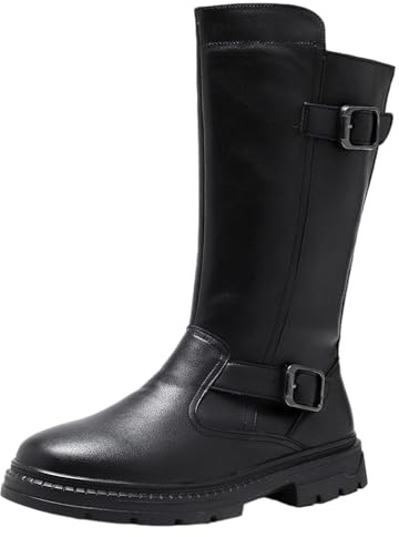 ANUFER Hombre Mitad de la Pantorrilla Botas de Motociclista Cremallera Lateral Puntera Redonda Negro Botas de Cuero SN0711131 EU40