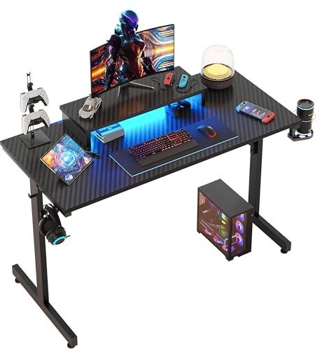 Bestier Small Gaming Desk 106.6 CM LED Computer Desk with Monitor Stand Gamer Workstation with Cup Holder & Headset Hooks for Home Office Bedroom Small Space