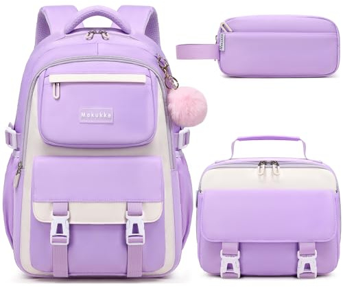 Makukke Schulrucksack Mädchen Teenager Rucksack Schule Schulranzen-Set, Schultasche Jungen Multi-Tasche Wasserdicht Schulranzen School Bag für Mädchen Damen,30L Lila Rucksack