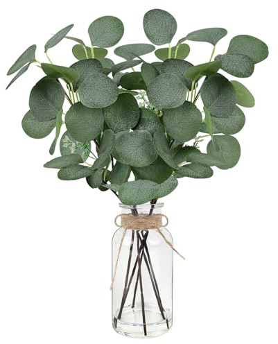 Artificial Eucalyptus Stems in Glass Vase 14 6Pcs Faux Eucalyptus Branches Home Table Decor Fake Greenery Plants Stems for Farmhouse Wedding Centerpiece Bathroom Decorations