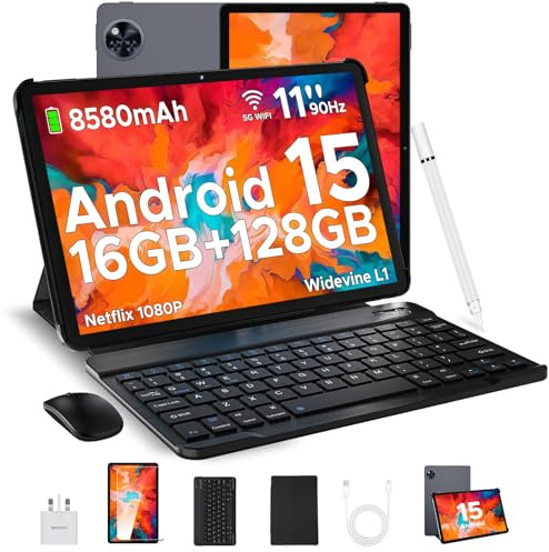 DOOGEE U11 Android 15 Tablet with Keyboard, 16GB RAM 128GB ROM(TF 2TB), 8580mAh Battery, Octa-Core Android Tablets 11 Inch, Widevine L1, 3.5mm Jack, 5G WiFi Tablet with Pen, Mouse & Case - Gray