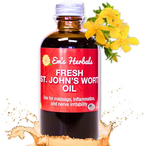 Em's Herbals Fresh St. John’s Wort Oil - Wild Harvested in USA, Natural Solution for Nerve Discomfort, Skin Eruptions, Wound Care, Scar, and Stretch Marks - Skin, Face, Body, Hair, Massage Oil (4 Oz)