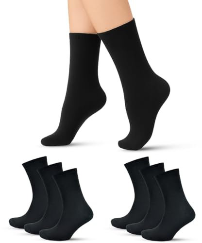 6 or 12 Pairs Black Crew Socks Women | Plain Design, Indoor/Outdoor Sports Socks, Running, Walking, Athletic Wear & Home Workout, Everyday Casual | Soft, Durable & Quick Drying Ladies Black Socks 4-8