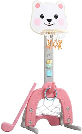 Warmiehomy Cute Dog Basketball Hoop for Kids 6-in-1 Height Adjustable Basketball Hoop and Stand Child Football and Basketball Set Indoor with Football Goal, Golf, Ring Toss,Music & Story Player