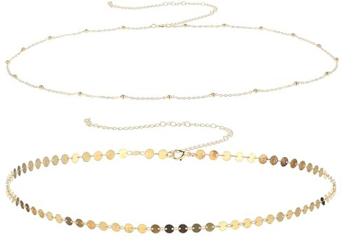 COMNICO Bauchkette Gold, 2Stück Körperkette Verstellbare Taillenkette Metallglieder Kettengürtel Wasserdichte Bikini Taillenperlenkette Zierliche Satellitenperlen-Münzkette Schmuckgeschenke für Frauen