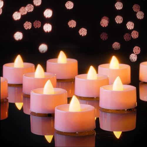AMAGIC 24 Pack Pink Colour Holiday Flicker Bright LED Tea Lights, Electric, Battery Operated for Table Centrepieces, Living Room Decortion, Wedding, Romantic