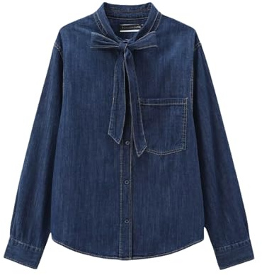 YONGHONGKEJI Camiseta Mujer Camisa Vaquera Cuello con Lazo Blusas Botones Manga Larga Diseño De Pajarita Chaquetas Vaqueras De Moda Tops De Primavera Y Verano Camisa Vaquera L