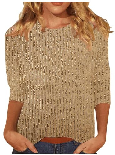 Ybing Top de mujer con mangas de 3/4 de tinta unita, de manga larga, elegante camiseta brillante con lentejuelas, con cuello redondo, en O, de manga larga, delgada, ligera, brillante, para fiestas