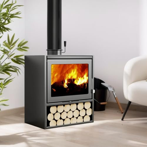 Poêle à bois en fonte avec briques en argile réfractaire, 10KW Cheminée Four à combustion lente Poêle d'atelier, Facile à utiliser, Cheminée en bois avec fenêtre de visualisation Cheminée en bois