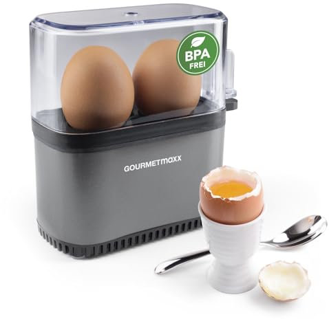 GOURMETmaxx Cuiseur à œufs pour 2 œufs | Cuiseur à œufs avec pique-œuf dans le gobelet doseur | 3 degrés de cuisson pour votre coquetier | Design petit format – pièces lavables au lave-vaisselle