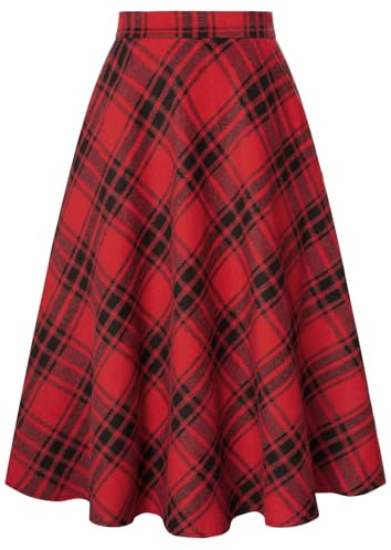 Belle Poque Women Casual Business Office Work A-Line Skirts Fall Winter Elegant High Waisted Plaid Skirts Red Black Plaid M