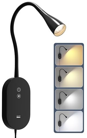 TOPMB Lampada da lettura da parete per letto - 4 modalità di colore, lampada da lettura dimmerabile a 5 livelli, luce solare naturale CRI 95+, ricarica uscita USB e memoria automatica nera
