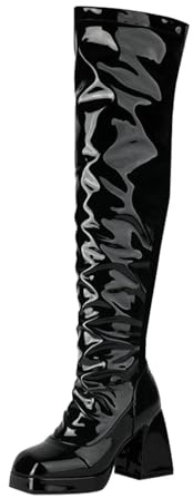 Botas de plataforma de charol hasta la rodilla, tacón de bloque, botas negras, cabeza cuadrada, tacón inferior grueso, cremallera trasera alta, tobillo delgado para mujer, Black, 37.5 EU