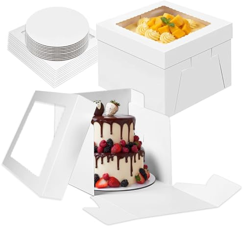 Zyluniy 10 Piezas Cajas para Tartas de Cartón con Ventana, Caja Tarta Recipiente para Pasteles, 10”x10”x8” Incluye Bandejas, Cajas Blancas para Transporte, Presentación y Conservación de Pasteles